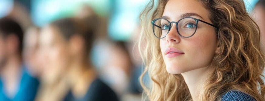 A young woman with curly hair and glasses attentively listens during a lecture or meeting. The soft background blur emphasizes her focus, ideal for themes of education, business, and professional development.