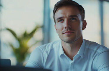 A young man thoughtfully considers his aspirations in a bright office space.