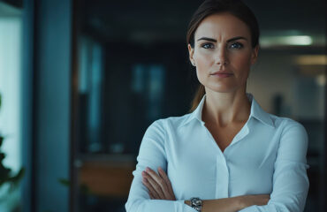 A determined woman stands confidently in her office, arms crossed, contemplating decisions.