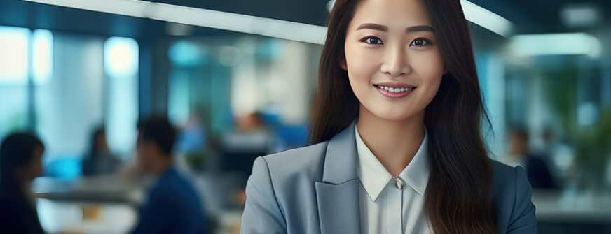 Portrait of a Beautiful Businesswoman in Modern Office, Asian Manager Looking at Camera and Smiling, Confident Female CEO Planning and Managing Company. Generative Ai