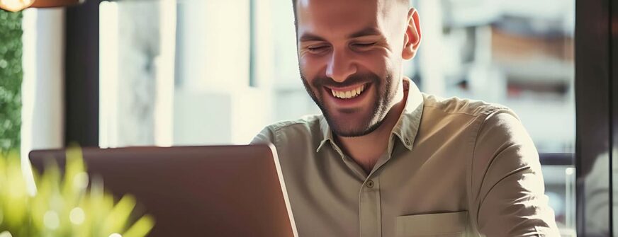 A man sitting in front of a laptop computer, actively participating in an online training session with a smile on his face.