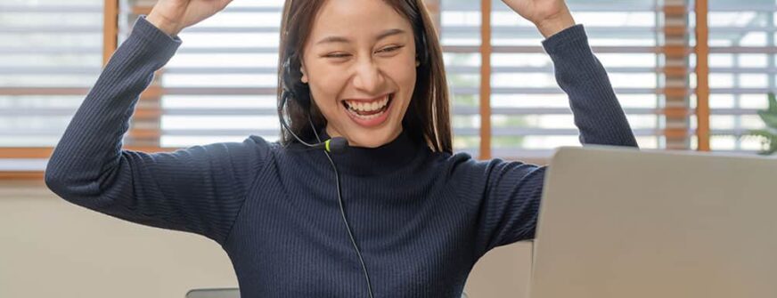 Success, happy pretty asian young business woman, girl wear headset, exam winner in class study of college, celebrate student online, read email or web via internet, triumph of get great good.